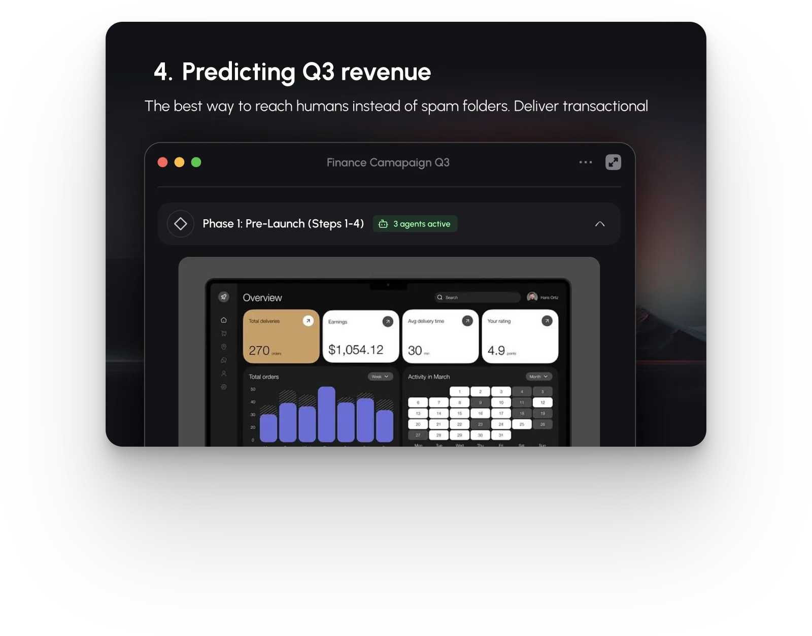 Finance agent revenue forecast dashboard with KPI cards and trend chart